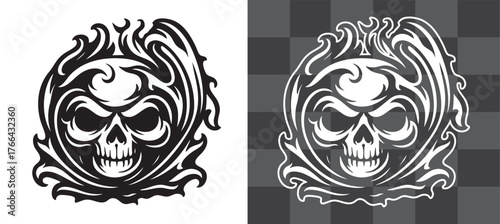 Flaming Skull Vector Illustration Surrounded by Gothic Flames in Dark Horror Style Perfect for Tattoos Posters Stickers Metal Artwork and Dark Fantasy Themed Vector Graphic Design Illustration Project