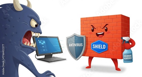 Cartoon monster attacking computer protected by firewall shield and spray