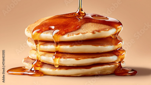 Pancakes with syrup on clean background. Stack of  pancakes topped with syrup on minimalist plain background. Ideal for breakfast café flyers or ads. 