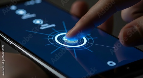 Finger touching glowing biometric fingerprint scanner on smartphone screen