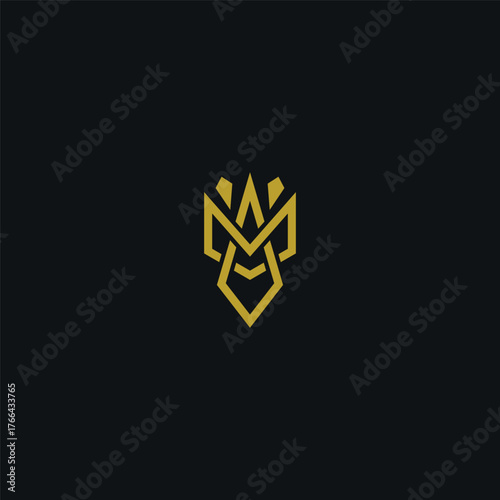 Luxury monoline vector logo design on a dark background, featuring an abstract shape of a crown, lion head, or intertwined letters M and A