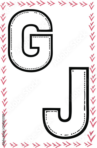 Black outline letters G and J with pink arrow border
