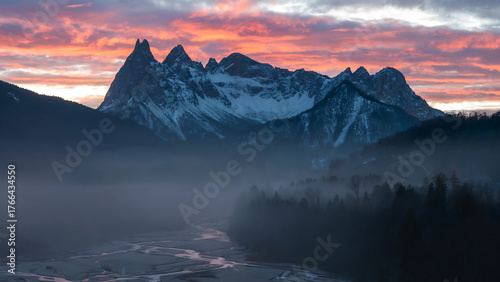 Snow capped mountain with forest landscape background. 