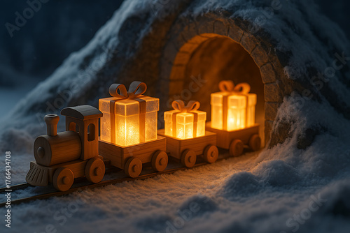 Wooden toy train carrying glowing gift boxes emerging from snowy tunnel, festive christmas miniature scene illuminated with warm golden light, holiday winter decoration symbolizing joy travel and chil