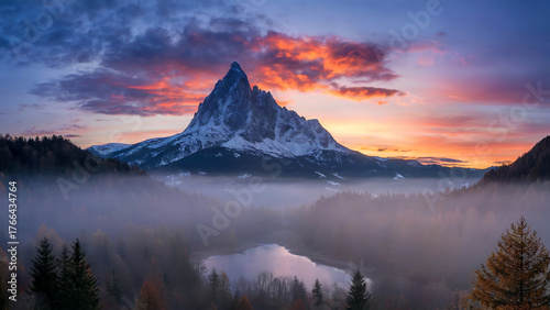 Snow capped mountain with forest landscape background. 
