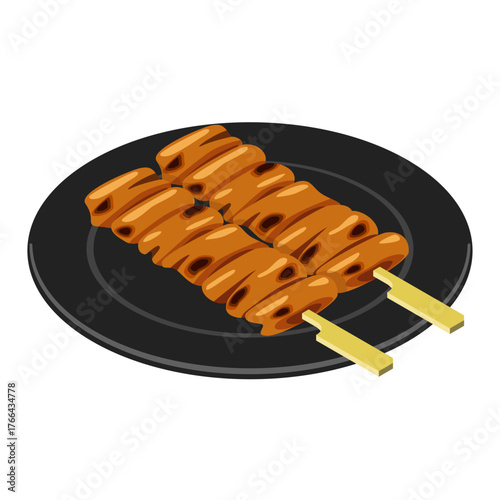 Yakitori chicken skin skewer with sauce on black plate - flat vector illustration, Japanese food icon