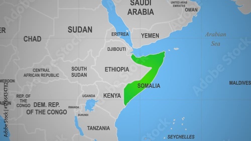 Somalia highlighted on a world map view
