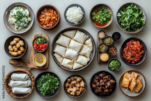 Fototapeta Naklejka Na Ścianę i Meble -  Culinary exploration feast of diverse dishes kitchen table food photography vibrant aerial view flavorful experience