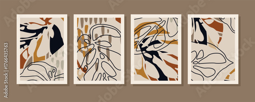 Set of abstract wall art vector. Leaves, organic shapes, tropical leaf in hand drawn style. Wall decoration collection design for interior, poster, cover, banner.