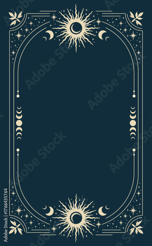 Vector blue celestial frame with stars, sun and a copy space. Banner with an elegant border and a place for text