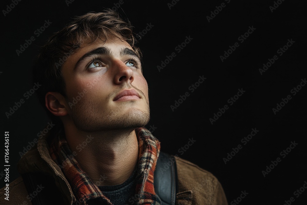 Obraz premium Confident young man gazes upward with intention in a dark setting, showcasing emotion and depth in expression with casual attire