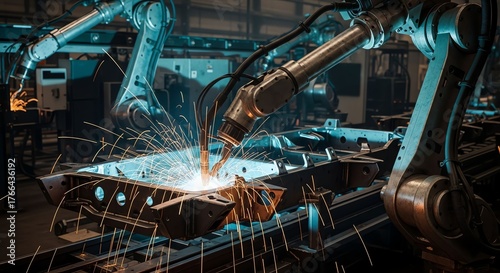 Industrial Robotic Arms Welding Metal Parts in Factory Setting with Sparks and Machinery