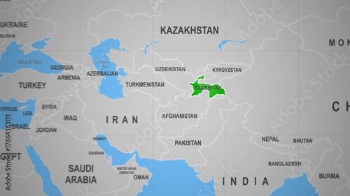 Tajikistan highlighted on world map view
