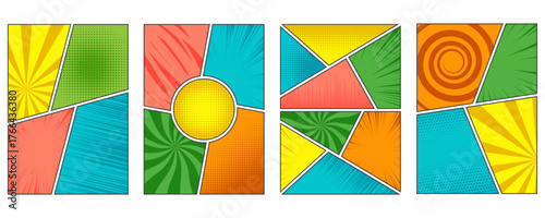 Comic book background. Manga templates and layout pages with grid. Anime backdrops set with collage of halftone effect and speed lines. Vector illustration