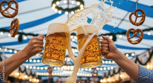 Two hands clinking beer mugs filled with frothy lager, creating a splash, under a festive tent decorated with pretzels and lights