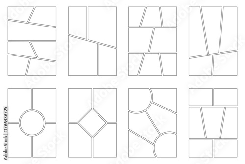 Manga book frames with vertical pages on white background. Comic panels with grid for japanese storyboard and photo. Empty mockups set for magazine.