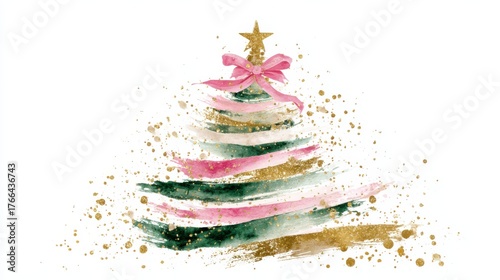 Watercolor Christmas tree with pink ribbon and golden splashes painted in soft festive style isolated on white background perfect for holiday greeting cards and decor prints