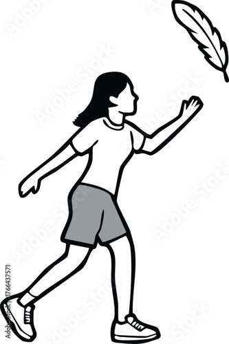 Girl Reaching for a Floating Feather in a Simple Black and White Illustration