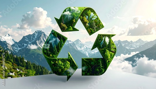 Recycle symbol, filled with lush forest landscape, superimposed onto snowy mountains against a clouded sky background