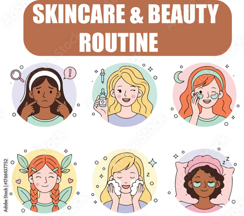 K-pop Girl Skincare Routine. Cute Character Using Facial Cleanser, Pimple Patch and Beauty Products. Trendy Doodle Cartoon Vector Set.