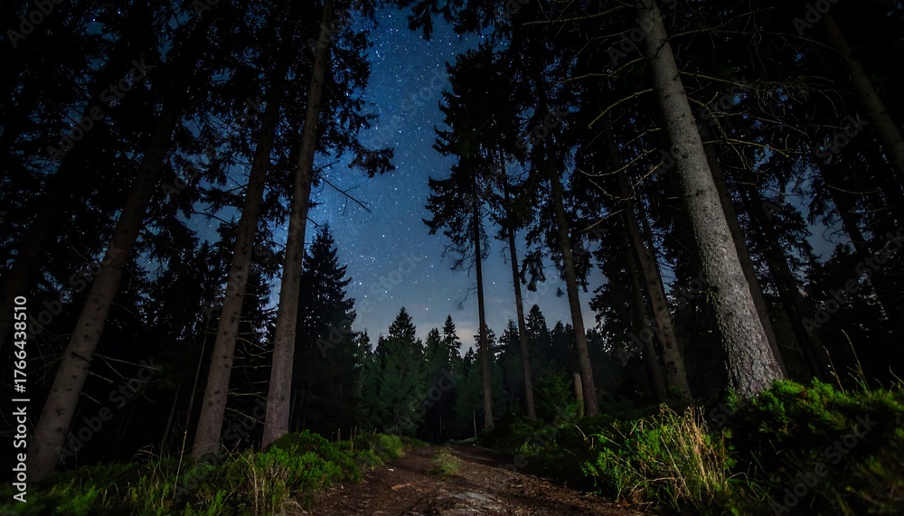 Obraz premium Low angle view through tall, dark forest towards night sky with visible stars above dirt path and green vegetation