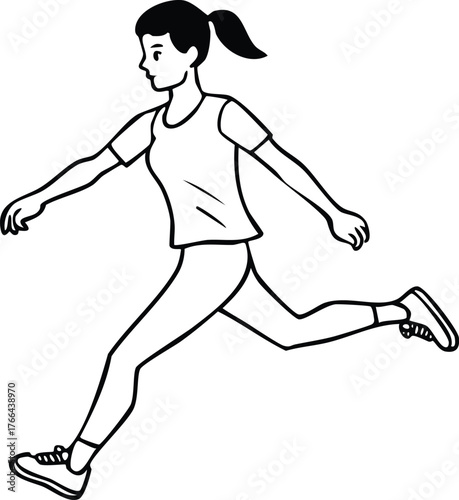 Active young woman in athletic wear running with a determined expression, captured in a dynamic, outline style illustration
