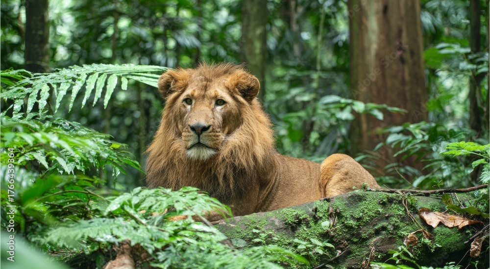 Naklejka premium In the animal kingdom, a majestic portrait of a regal male lion resting on a rock in a lush green jungle is a notable example of wildlife photography