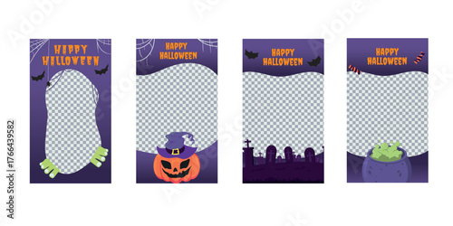 Halloween-themed Instagram story templates in flat design with pumpkin, witch hat, cauldron, and spooky elements. Perfect for festive digital content and creative layouts.