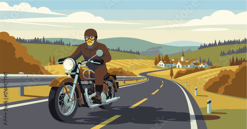Vintage motorcycle rider on an autumn road trip, navigating a winding country road through scenic rolling hills and distant village, embodying freedom and classic adventure