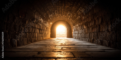 Dark arched tunnel path with glowing doorway