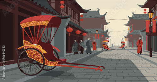 Traditional Chinese Rickshaw in Historic Street A Cultural Illustration of Transportation & Heritage