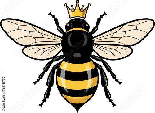 Queen Bee with Crown Vector – Detailed Royal Honeybee Illustration, Elegant Winged Insect Art
