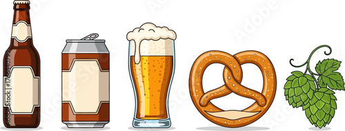 Beer Bottle Can Glass Pretzel And Hops Icons