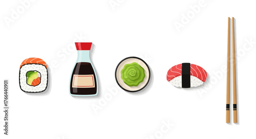 Sushi Set With Chopsticks Soy Sauce and Wasabi