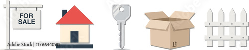 Real Estate Icons: For Sale Sign, House, Key, Box, and Fence