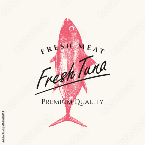 Vector banner with realistic tuna on theme of seafood, marine animals and ocean life. Logo, menu, label for restaurant, cafe. Sign board for fish market, store. Canned food. T-shirt. 