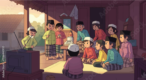 Group of young individuals gathered to watch television in a traditional village setting during daylight