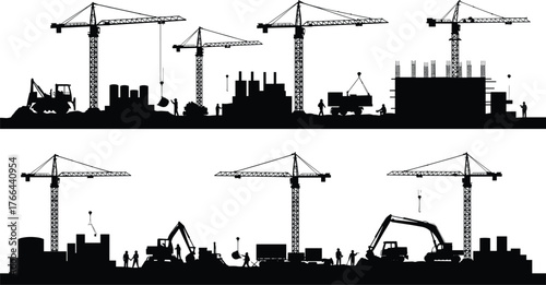 Construction site silhouettes, tower cranes, excavators, cement mixers, workers in action, black and white, building stages, industrial teamwork, architecture, engineering