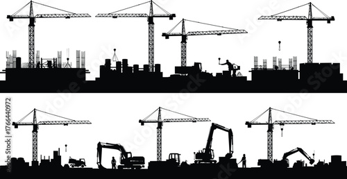 Construction site silhouette, heavy machinery, tower cranes, workers in action, urban development, black and white, engineering, industrial scene, progress, teamwork