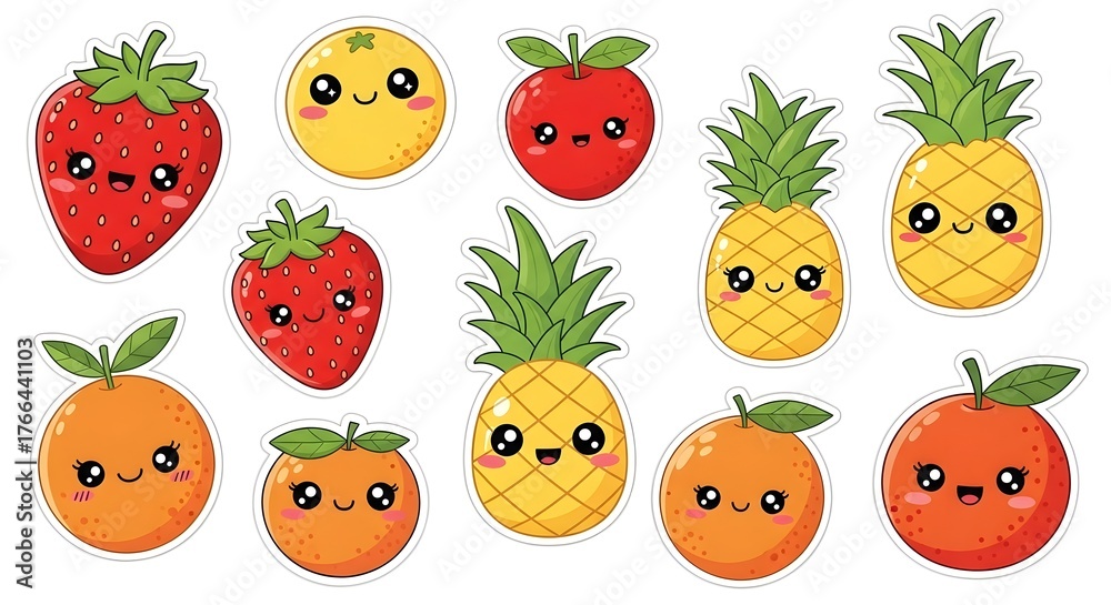 Fototapeta premium Kawaii Fruit Stickers – Cute Strawberry, Pineapple & Orange Clip Art Set