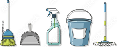 Set of cartoon cleaning supplies on white background