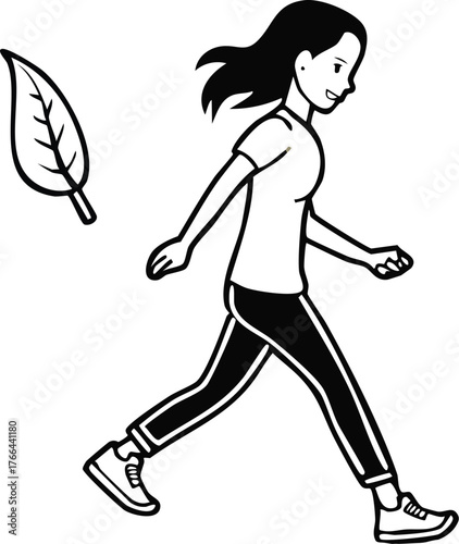 Healthy woman enjoying a brisk walk outdoors, surrounded by nature's elements, promoting an active lifestyle
