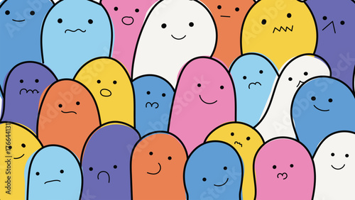 Colorful cartoon vector funny faces set, cute hand drawn character background for kids, school, decoration, playful design, educational materials