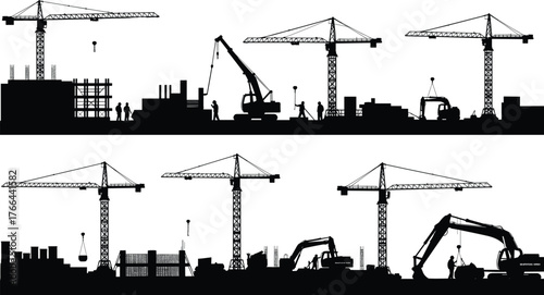 Construction site silhouettes, tower cranes, excavators, workers in action, building stages, black and white, industrial equipment, architecture, teamwork, engineering process