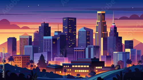 Very beautiful, panoramic view at the skyline of Los Angeles after sunset, California, glowing city lights, vibrant horizon, urban landscape, tall buildings, evening atmosphere, and serene twilight 