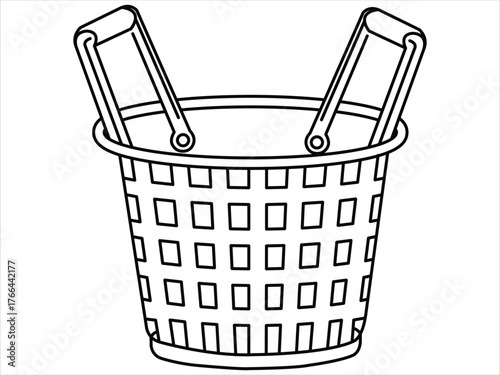 Empty laundry basket vector icon. Black and white outline illustration of a plastic washing hamper for clothes. Simple household chore and cleaning symbol. Isolated line art with editable stroke
