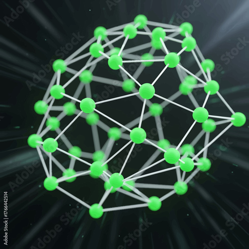 Dynamic molecular network structure with vibrant green nodes and white connections, symbolizing complex data and scientific innovation.