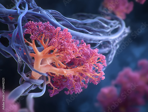 Microscopic anatomy, detailed illustration of biological structures, possibly alveoli or capillaries in the human body, high resolution image