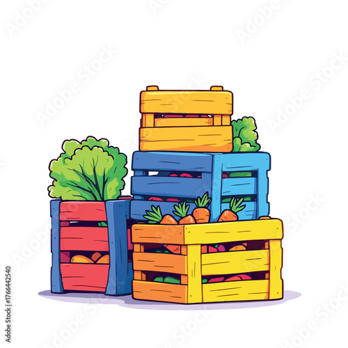 Vsai colorful wooden crates holding fresh market vegetables