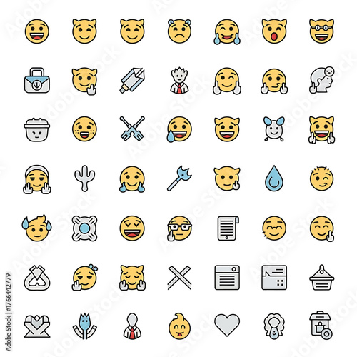 Vibrant collection of modern flat icons representing diverse emotions, symbols, and abstract concepts for creative digital projects